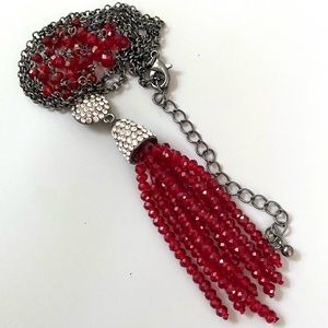Vintage Red Crystal & Rhinestone Tassel Necklace